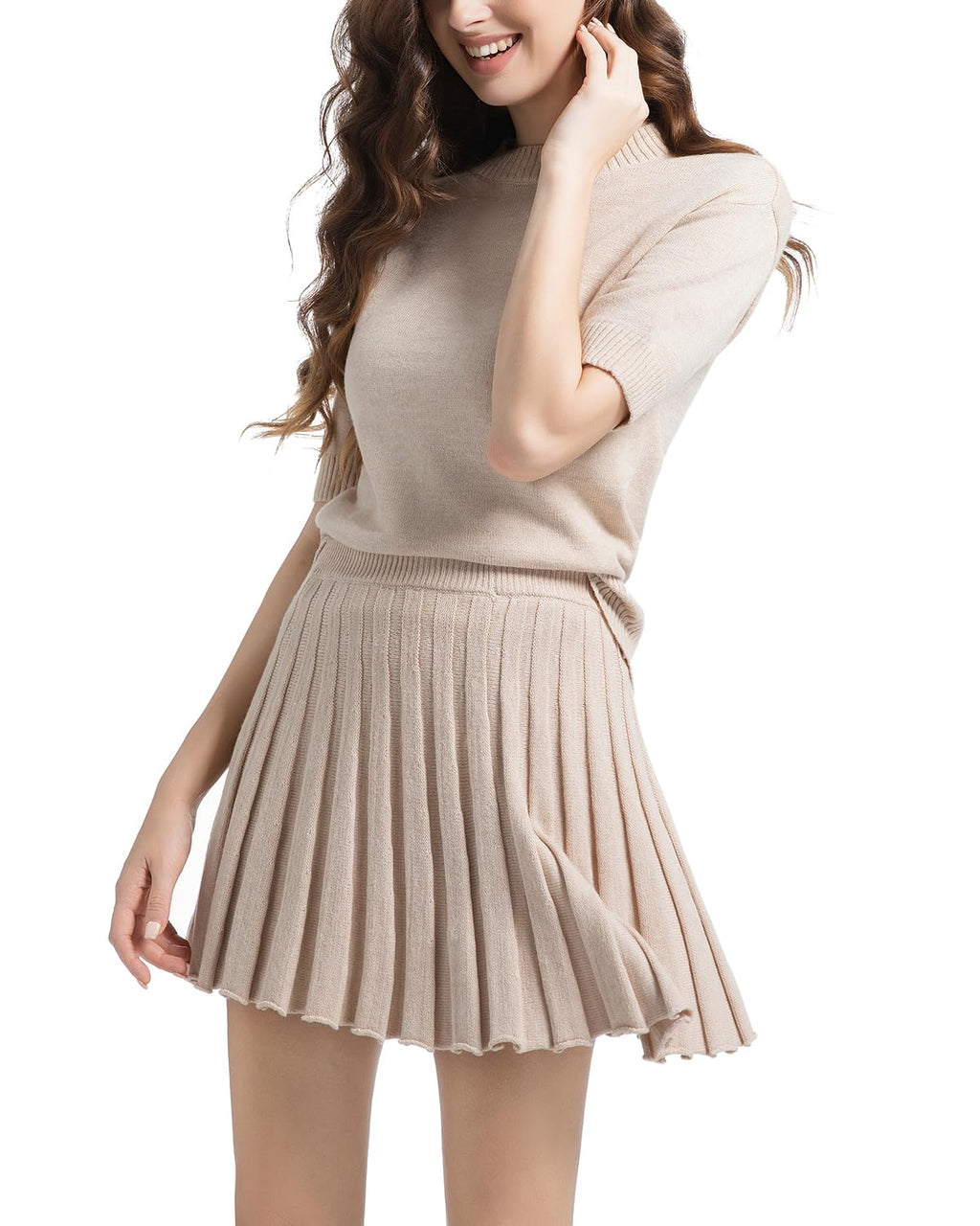 Womens 2 Piece Outfits 2026 Short Sleeve Crewneck Knit Tops And Pleated Mini Skirt Two Piece Sets