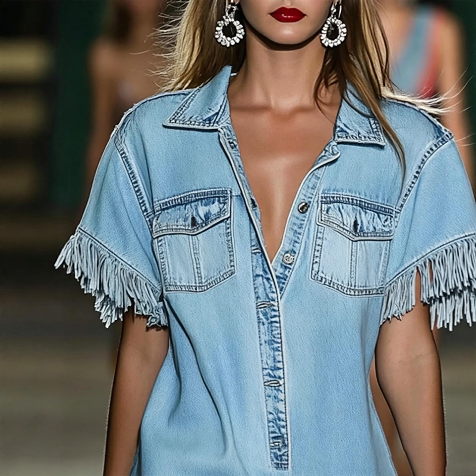 Women's Halter Denim Sleeveless Shirt Dress Mesh Patchwork Irregular High‑Low Maxi Dress Ruffled Tiered Vacation Dress