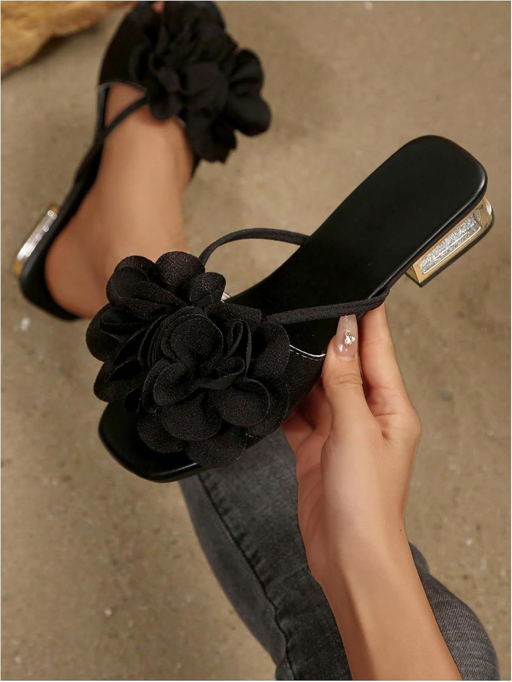 OYOANGLE Women's 3D Floral Slide Sandals Square Toe Low Block Heel Open Toe Summer Beach Dressy Sandals