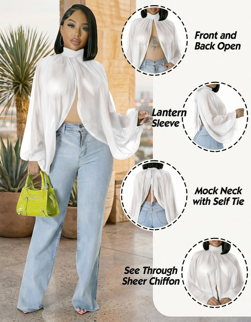 acelyn Women's Sexy See Through Chiffon Sheer Blouses Tops | Lantern Sleeve, Front Back Open, High Neck, Self Tie, Shawl Casual Shirts,Blouses Tops