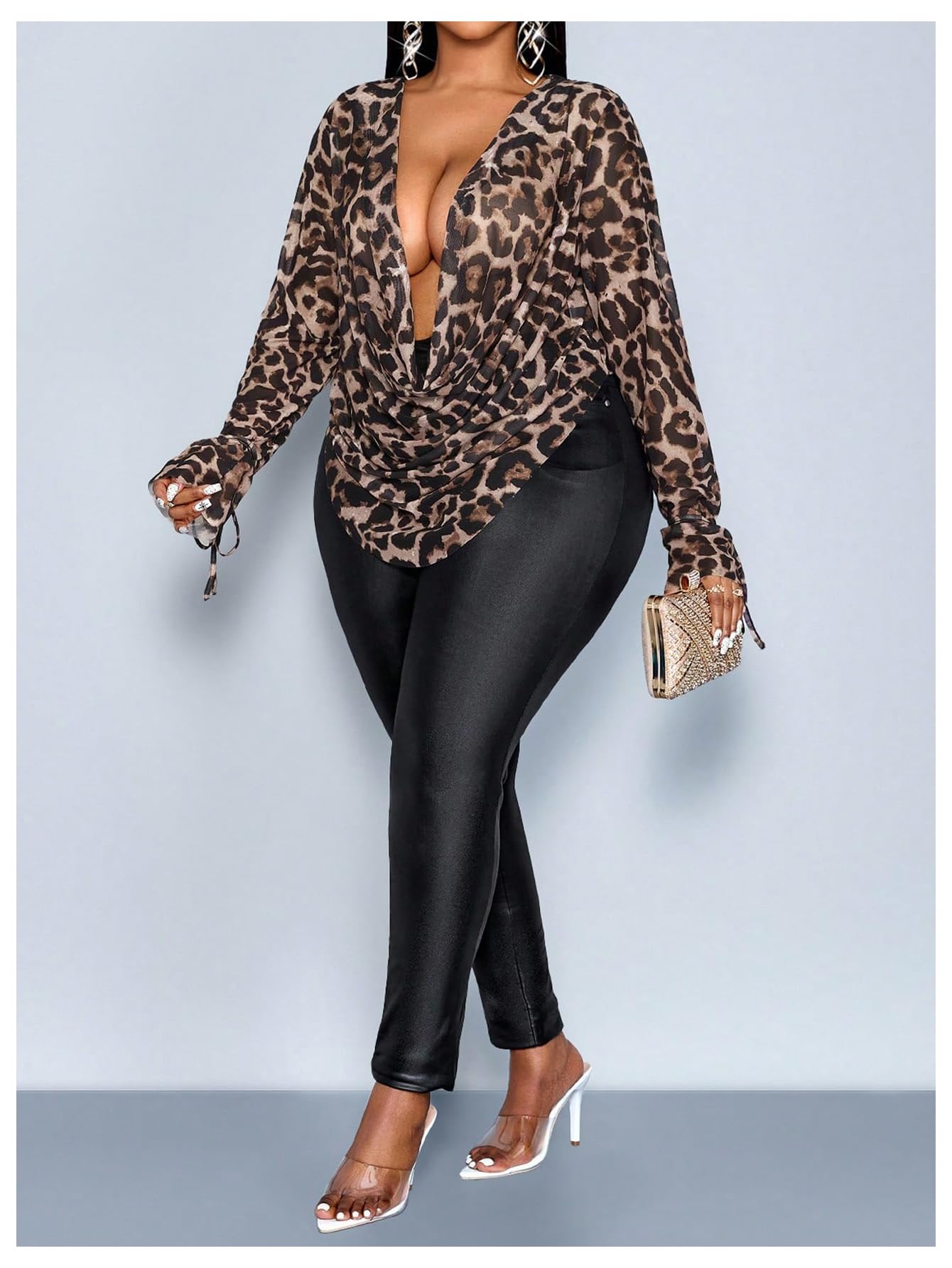 RoseSeek Women's Plus Size Cheetah Long Sleeve Top Club Night Out Tops | Draped Front, V Neck, Y2K, Club Night Out Tops