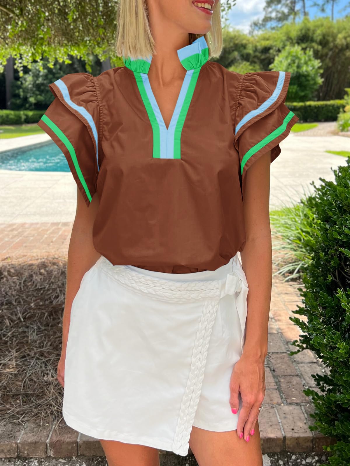 Cicy Bell Womens Ruffle Cap Sleeve Tops Summer V Neck Dressy Casual Blouses | Color Block, Boutique Tops, Pleated Shirt, Loose Fit, Wear to Work, 2026 Fall Outfits