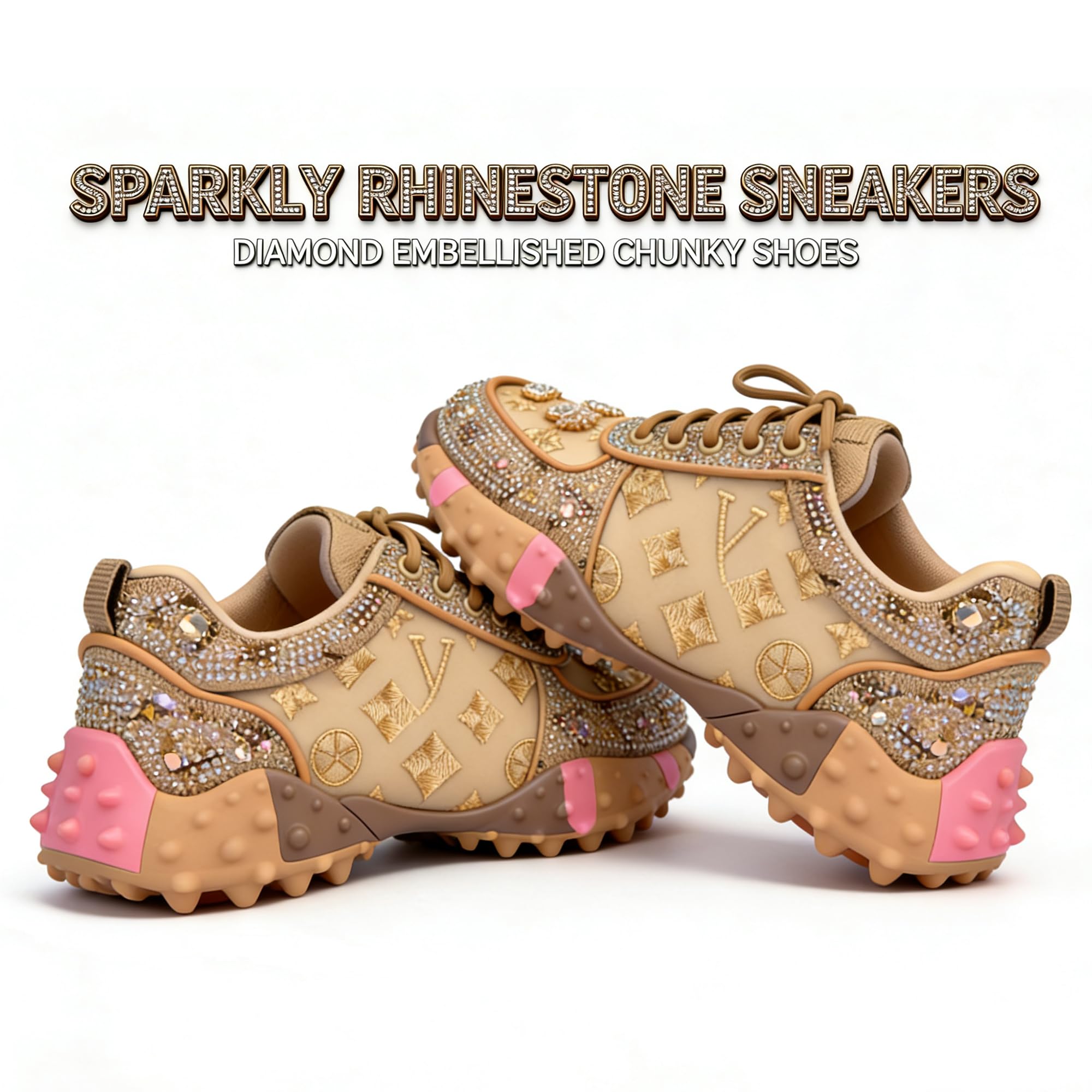 Rhinestone Sparkly Glitter Platform Dads Women Daily Casual Party Shoes | Fashion Bling Rhinestone Glitter Chunky Dad Sneakers Cushioned Soles Comfort Casual Shoes for Daily Wear Parties and Weddings