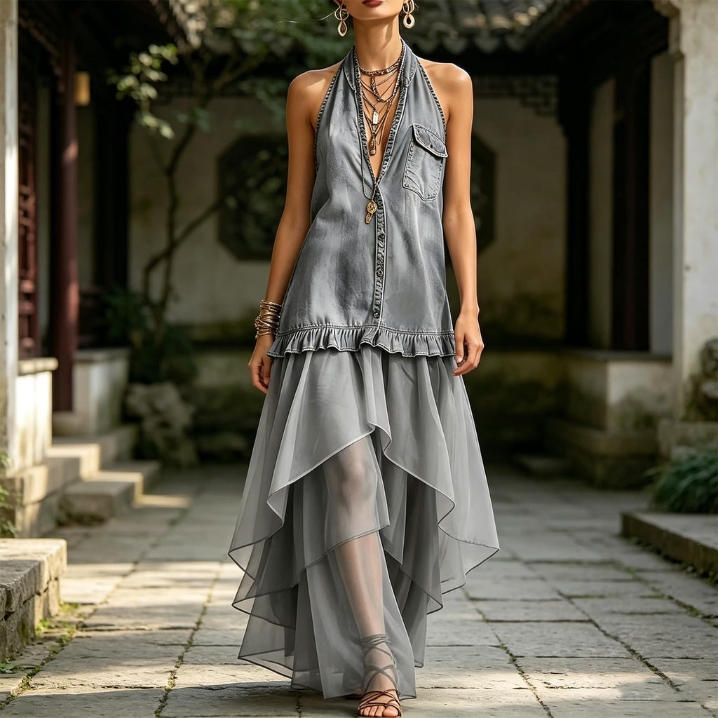 Women's Halter Denim Sleeveless Shirt Dress Mesh Patchwork Irregular High‑Low Maxi Dress Ruffled Tiered Vacation Dress