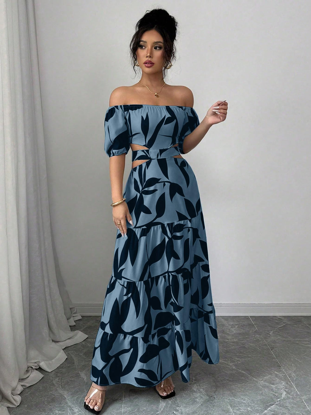 Women's Boho Off The Shoulder Short Sleeve Maxi Dresses Casual Summer Tiered Ruffle Swing Cut Out Flowy Dress
