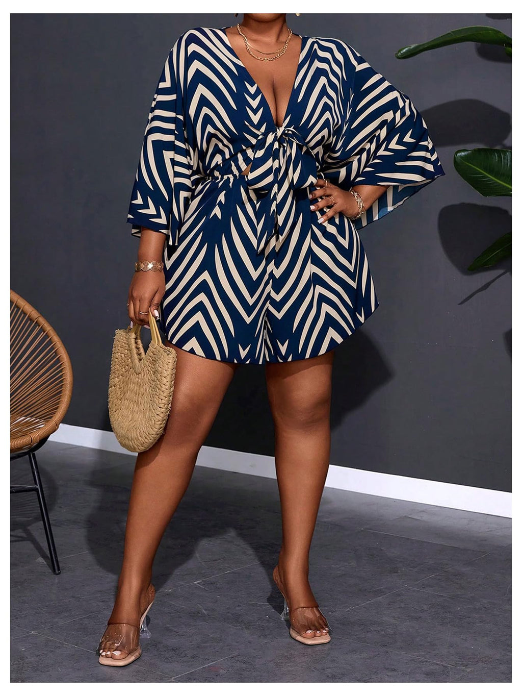 SOLY HUX Women's Plus Size Striped Tie Front Short Jumpsuit | V Neck, 3/4 Sleeve, Loose, Romper