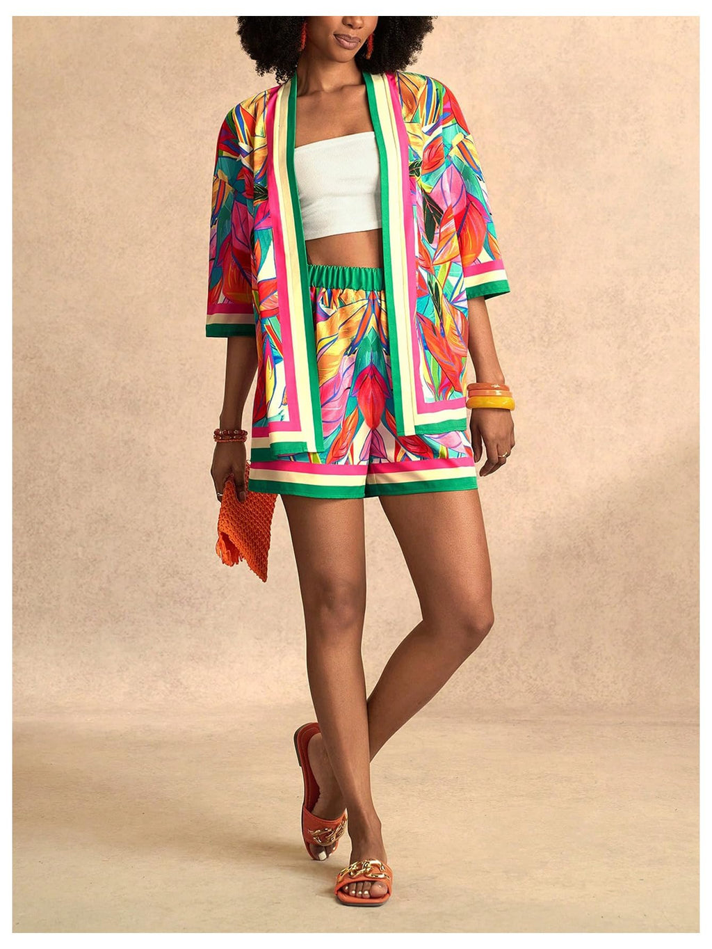 MakeMeChic Women's Two Piece Sets Summer Tropical Vacation Outfits Boho Floral Kimono Tops Shorts Set