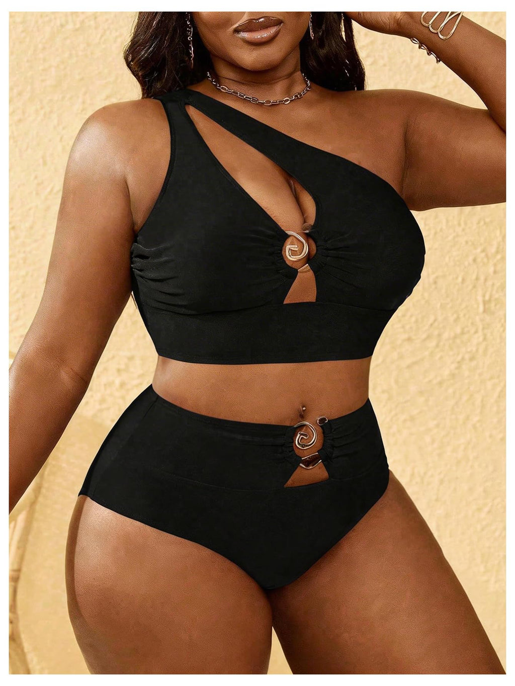 SOLY HUX Women's Plus Size Swimsuit One Shoulder Ring Bikini Sets | High Waist Cut Out Two Piece Bathing Suits, Curvy Summer Beach Vacation Swimwear