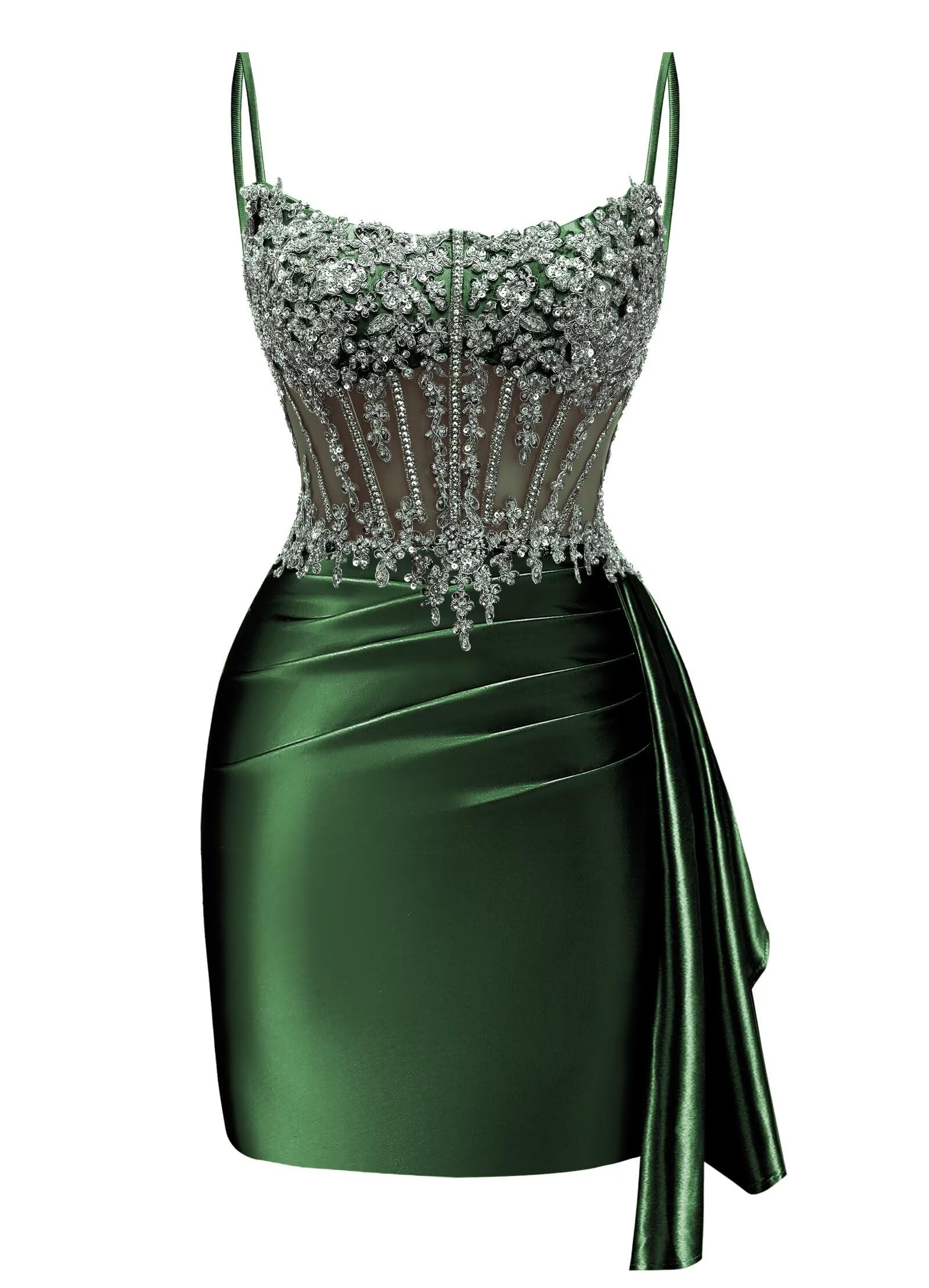 Satin Mermaid Homecoming Dresses 2026 Square Neck Beaded Short Prom Dress | Spaghetti Strap,Ruched,Tight,Bodycon,Sparkle,Sequin,Mini,Hoco Dresses,Club Dresses,Party Dresses