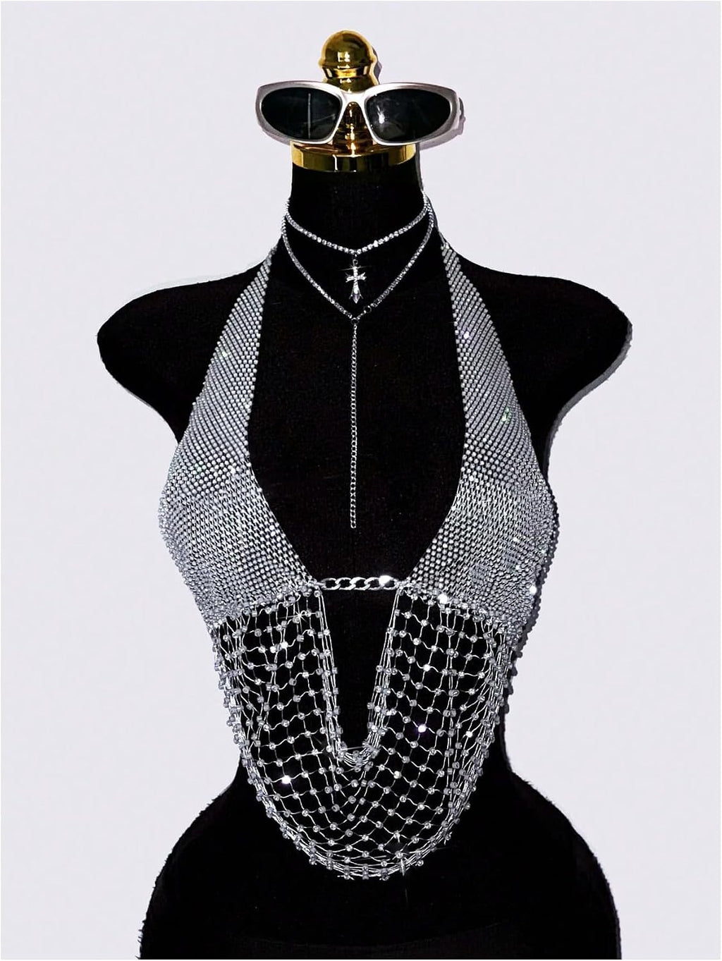 OYOANGLE Women's Metallic Rhinestone Mesh Halter Top Backless Rave Crop Top | Metallic, Rhinestone, Mesh, Halter, Sexy, Deep V Neck, Backless, Rave Top, Party Top, Club Crop Tops