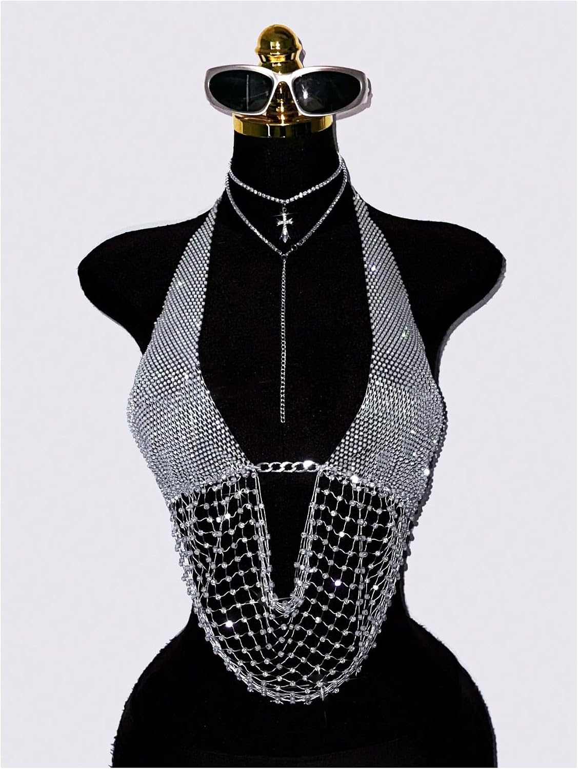 OYOANGLE Women's Metallic Rhinestone Mesh Halter Top Backless Rave Crop Top | Metallic, Rhinestone, Mesh, Halter, Sexy, Deep V Neck, Backless, Rave Top, Party Top, Club Crop Tops