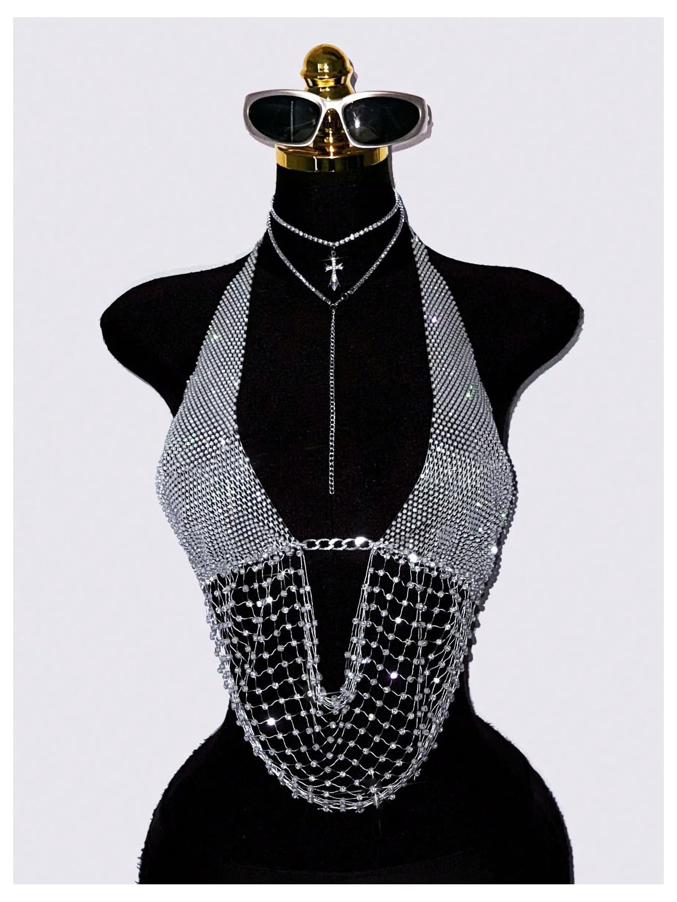 OYOANGLE Women's Metallic Rhinestone Mesh Halter Top Backless Rave Crop Top | Metallic, Rhinestone, Mesh, Halter, Sexy, Deep V Neck, Backless, Rave Top, Party Top, Club Crop Tops