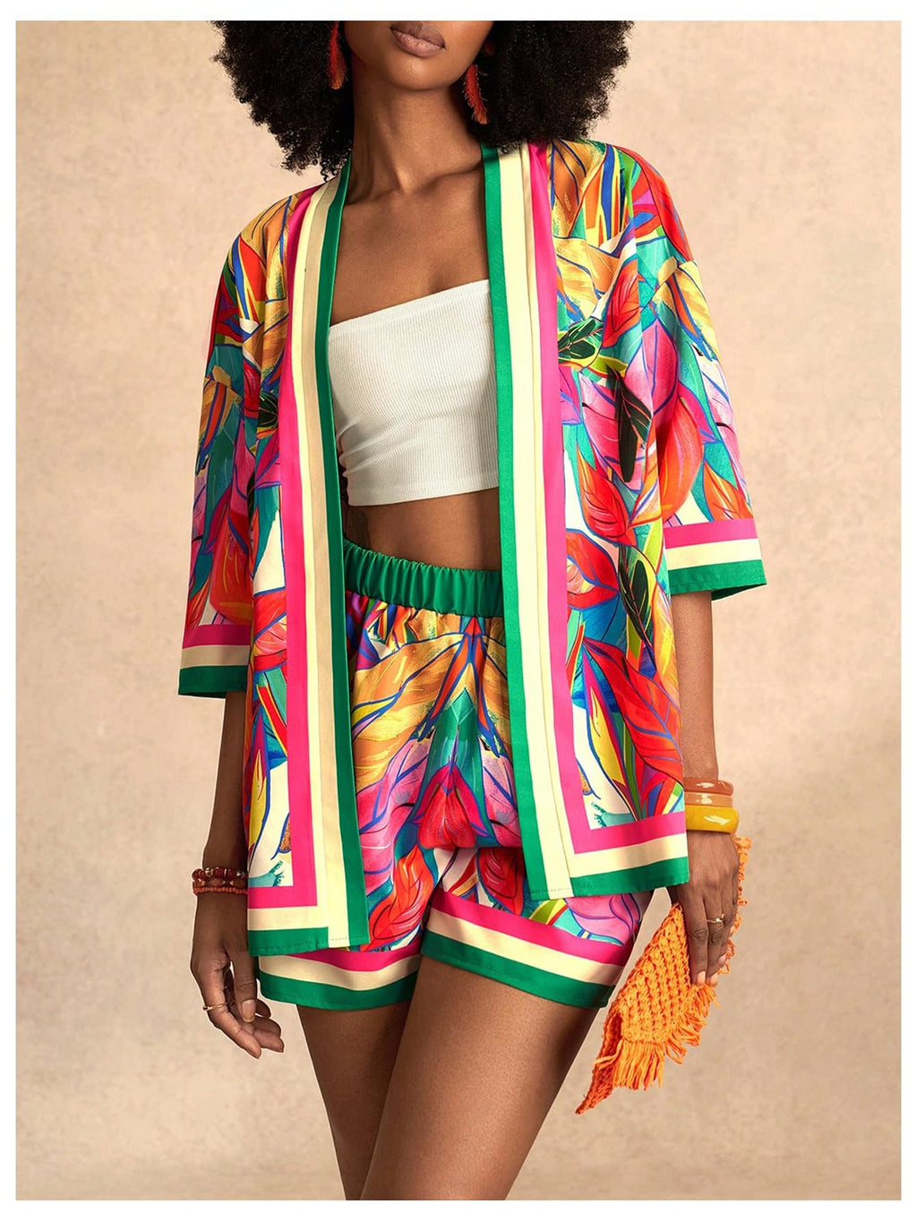 MakeMeChic Women's Two Piece Sets Summer Tropical Vacation Outfits Boho Floral Kimono Tops Shorts Set