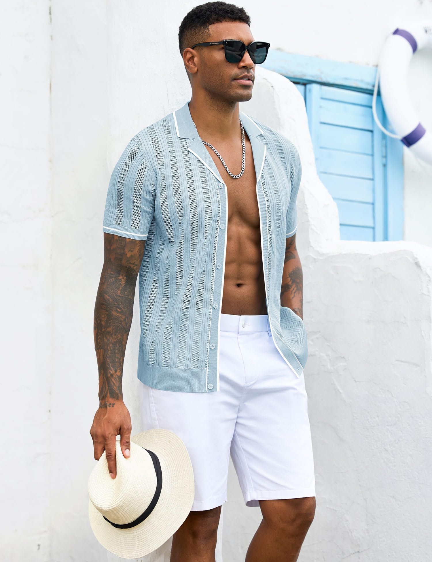 Men's Knit Button Down Shirt Short Sleeve Vintage Knitted Striped Summer Beach Tops S-XXL