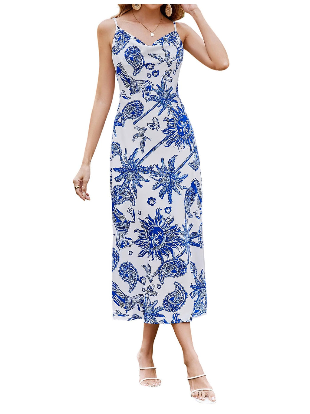 Floerns Women's Leopard Print Draped Collar Spaghetti Strap Cami Long Dress | Cheetah, Animal Print, Cowl Neck, Draped, Western, Concert, Going Out, Corset Maxi Dresses