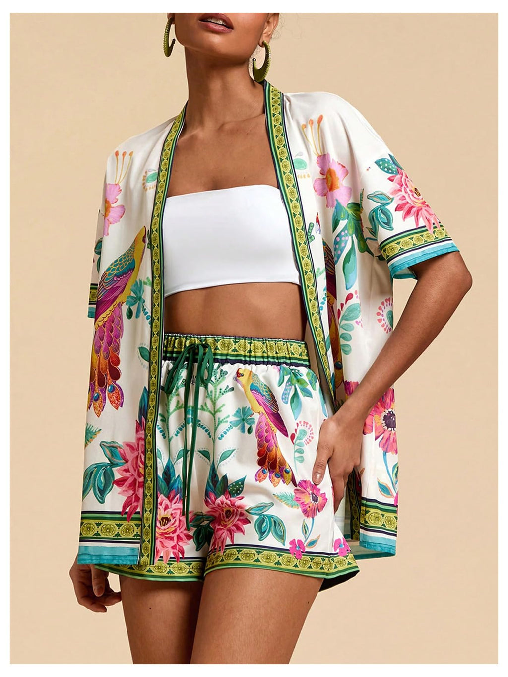 MakeMeChic Women's Two Piece Sets Summer Tropical Vacation Outfits Boho Floral Kimono Tops Shorts Set