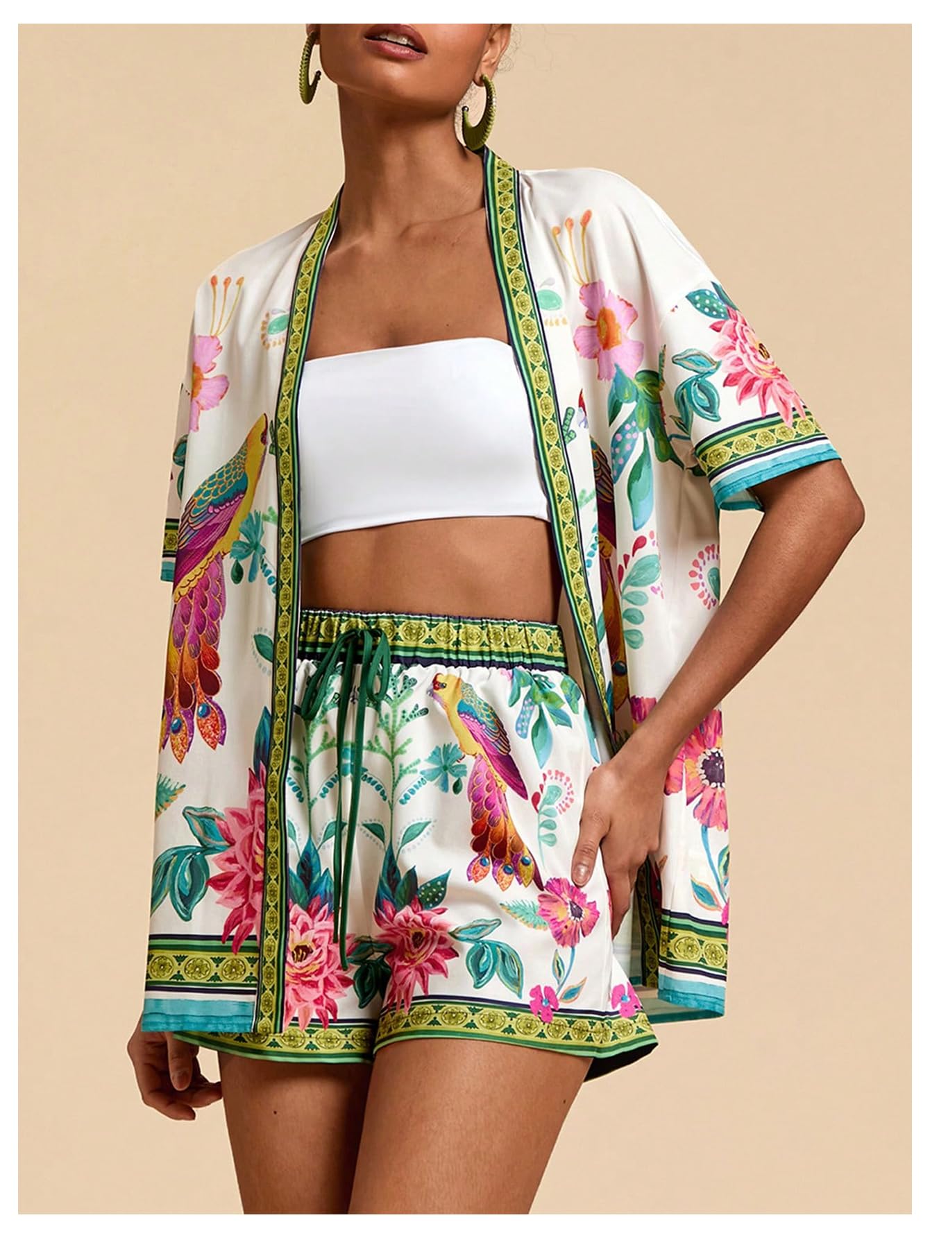 MakeMeChic Women's Two Piece Sets Summer Tropical Vacation Outfits Boho Floral Kimono Tops Shorts Set