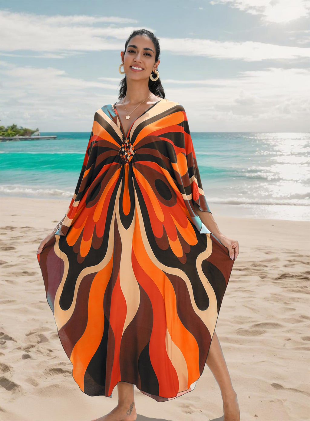 Yanziliu Kaftan Dress for Women,Plus Size Hawaiian Batwing Sleeve Beach Cover Up Summer Swimsuit Dresses