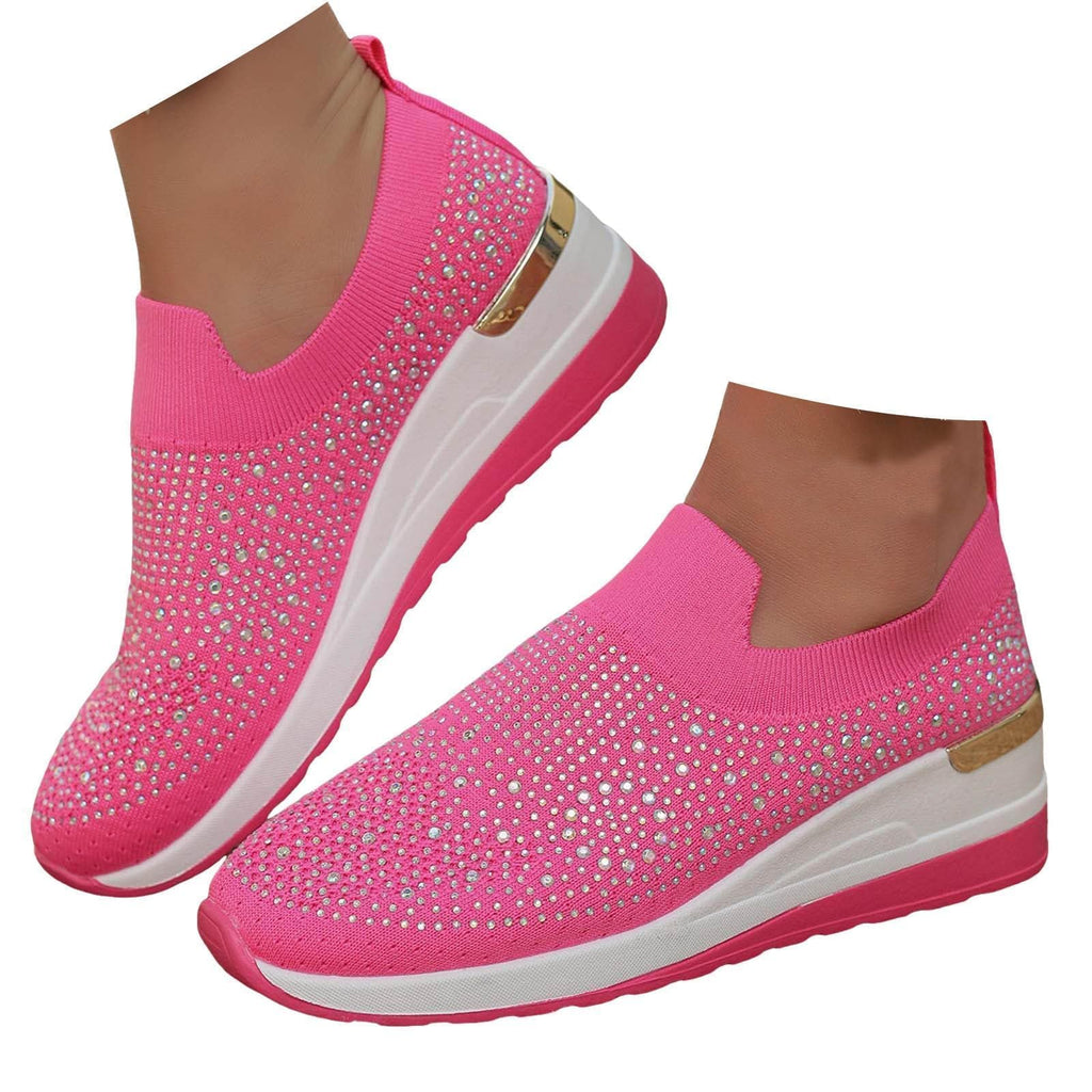 Rhinestone Wedge Sneakers for Women Dressy Fashion Breathable Spakle Glitter Wedding Sneakers for Bride Orthopedic Wedge Lightweight Shoes Sparkly Chunky Mesh Slip on Elastic Tennis Walking Shoes