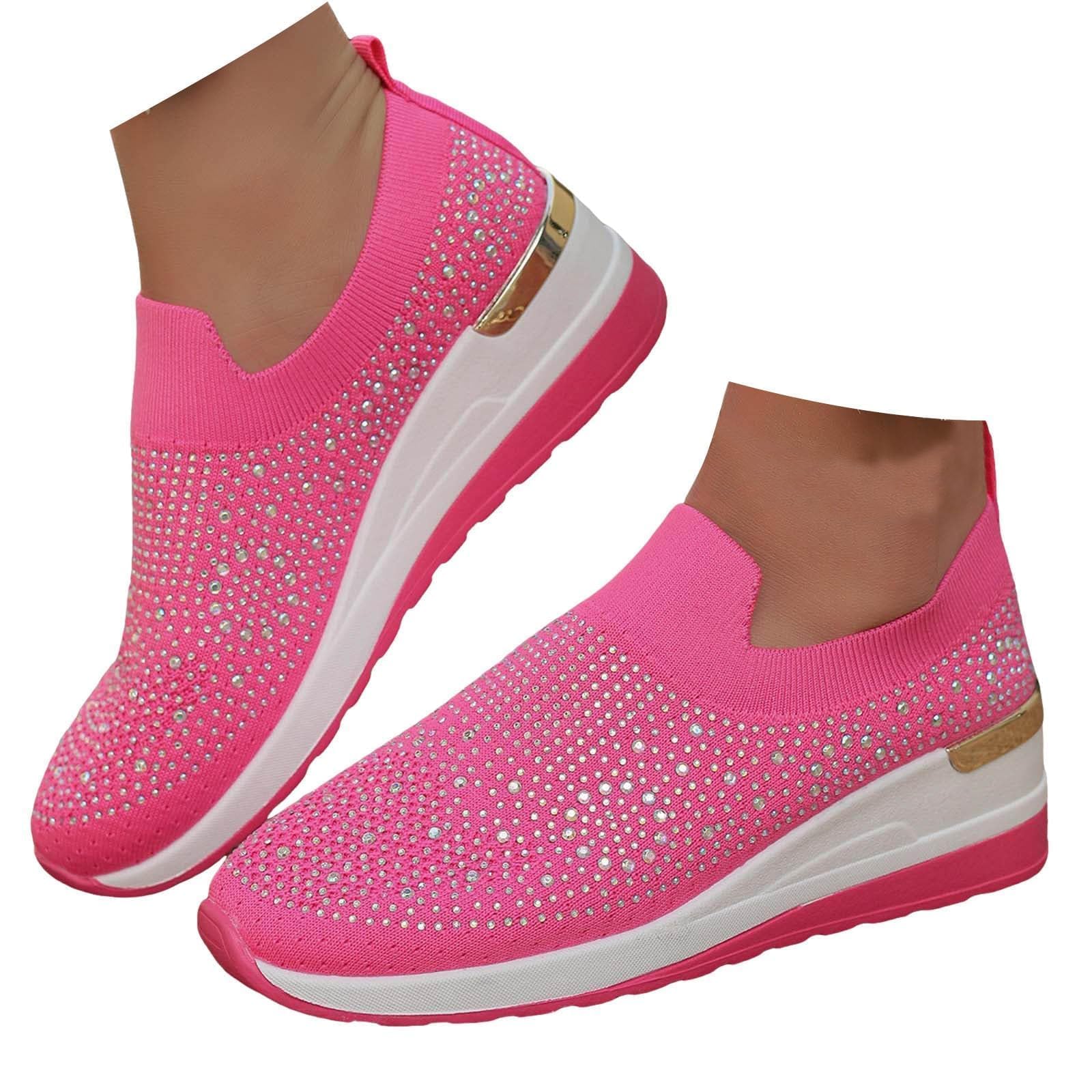 Rhinestone Wedge Sneakers for Women Dressy Fashion Breathable Spakle Glitter Wedding Sneakers for Bride Orthopedic Wedge Lightweight Shoes Sparkly Chunky Mesh Slip on Elastic Tennis Walking Shoes
