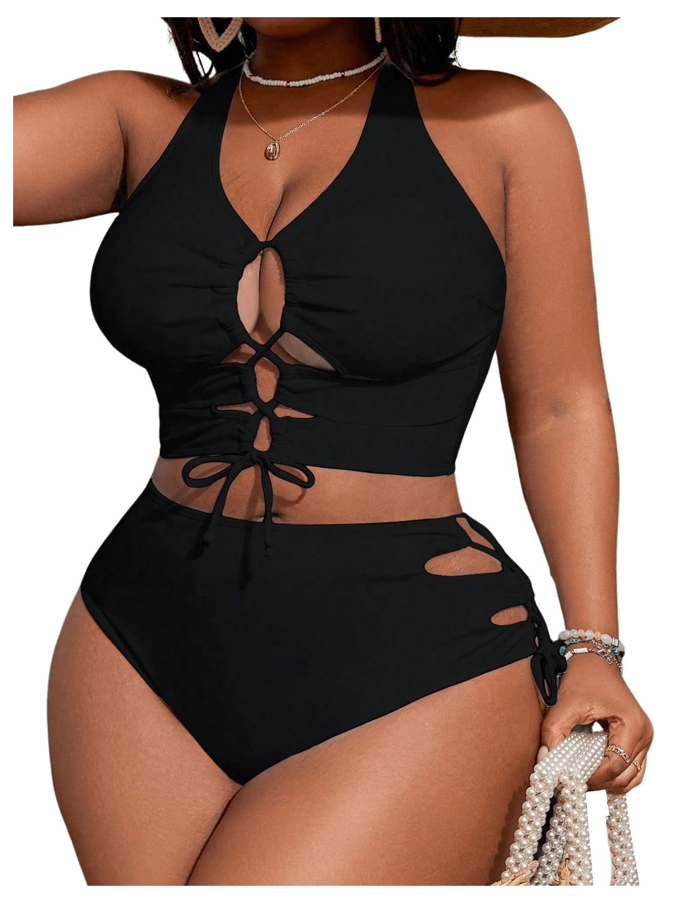 SOLY HUX Womens Plus Size Two Piece Bathing Suit Bikini Swimsuit | Tummy Control, High Waisted Bikini Sets, Adjustable Tie String, Sexy