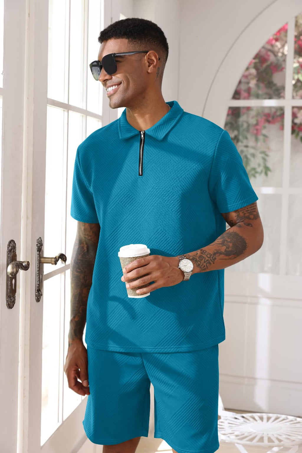 Aulemen Mens 2 Piece Zip Tracksuit Short Sleeve Set Summer Outfits for Men | Polo Shirt and Shorts Sets Activewear Short Set