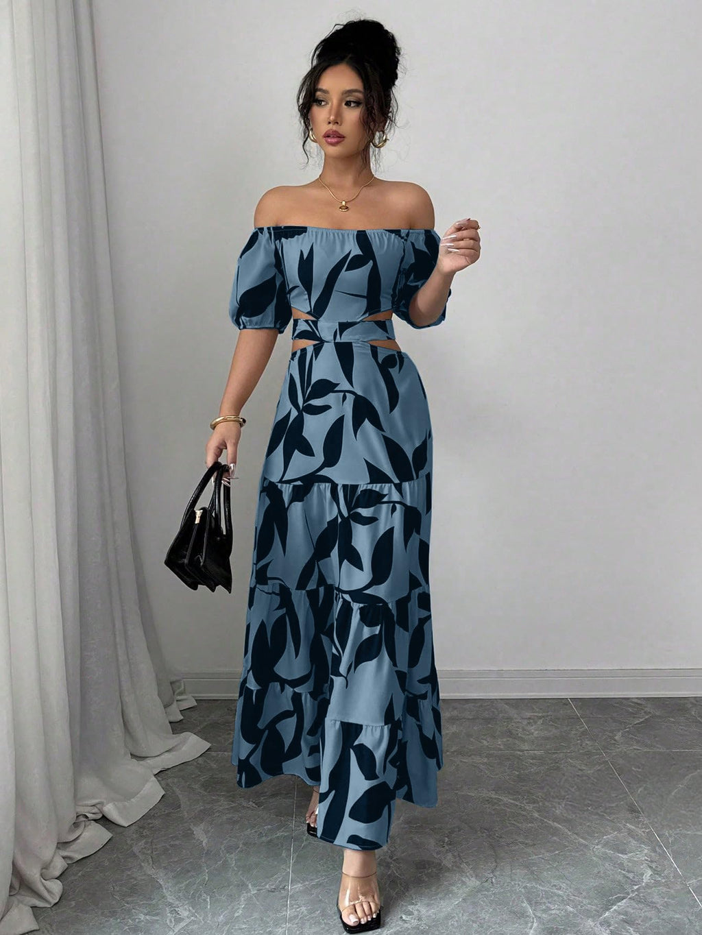 Women's Boho Off The Shoulder Short Sleeve Maxi Dresses Casual Summer Tiered Ruffle Swing Cut Out Flowy Dress