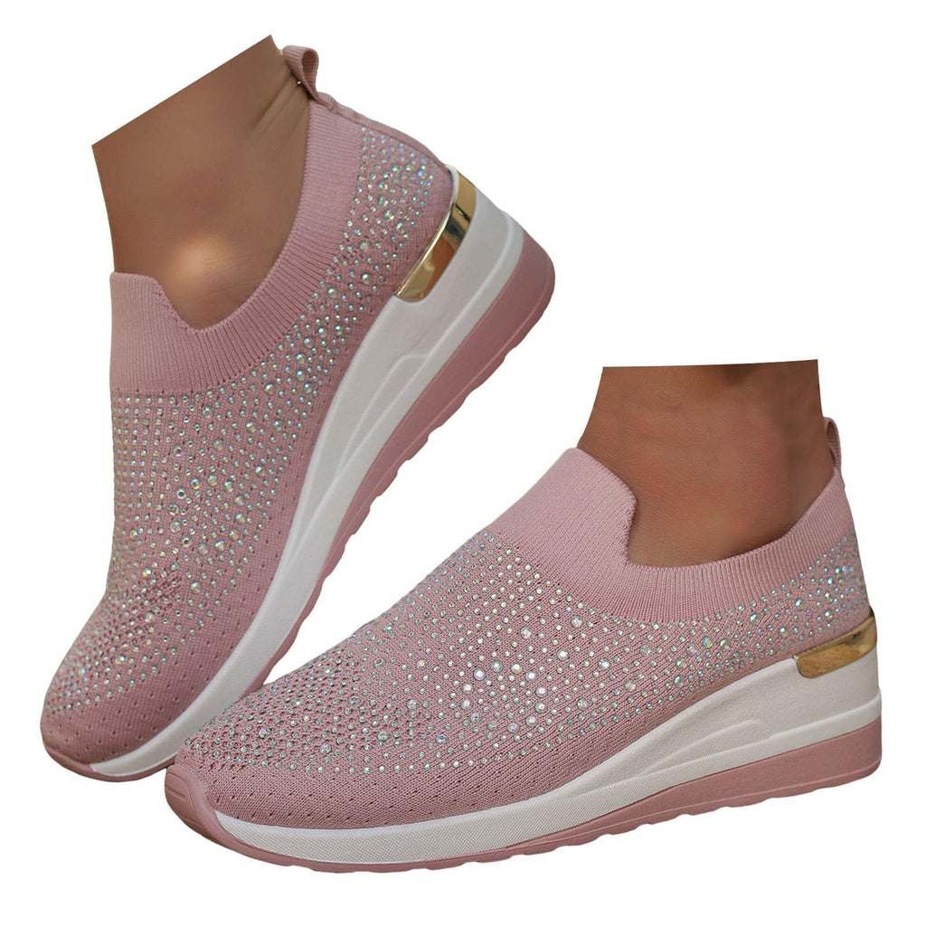 Rhinestone Wedge Sneakers for Women Dressy Fashion Breathable Spakle Glitter Wedding Sneakers for Bride Orthopedic Wedge Lightweight Shoes Sparkly Chunky Mesh Slip on Elastic Tennis Walking Shoes