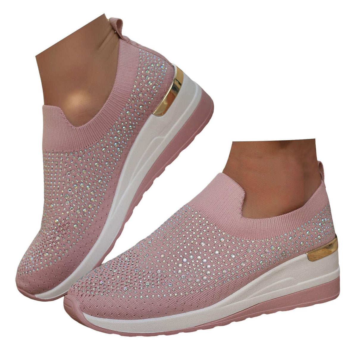Rhinestone Wedge Sneakers for Women Dressy Fashion Breathable Spakle Glitter Wedding Sneakers for Bride Orthopedic Wedge Lightweight Shoes Sparkly Chunky Mesh Slip on Elastic Tennis Walking Shoes