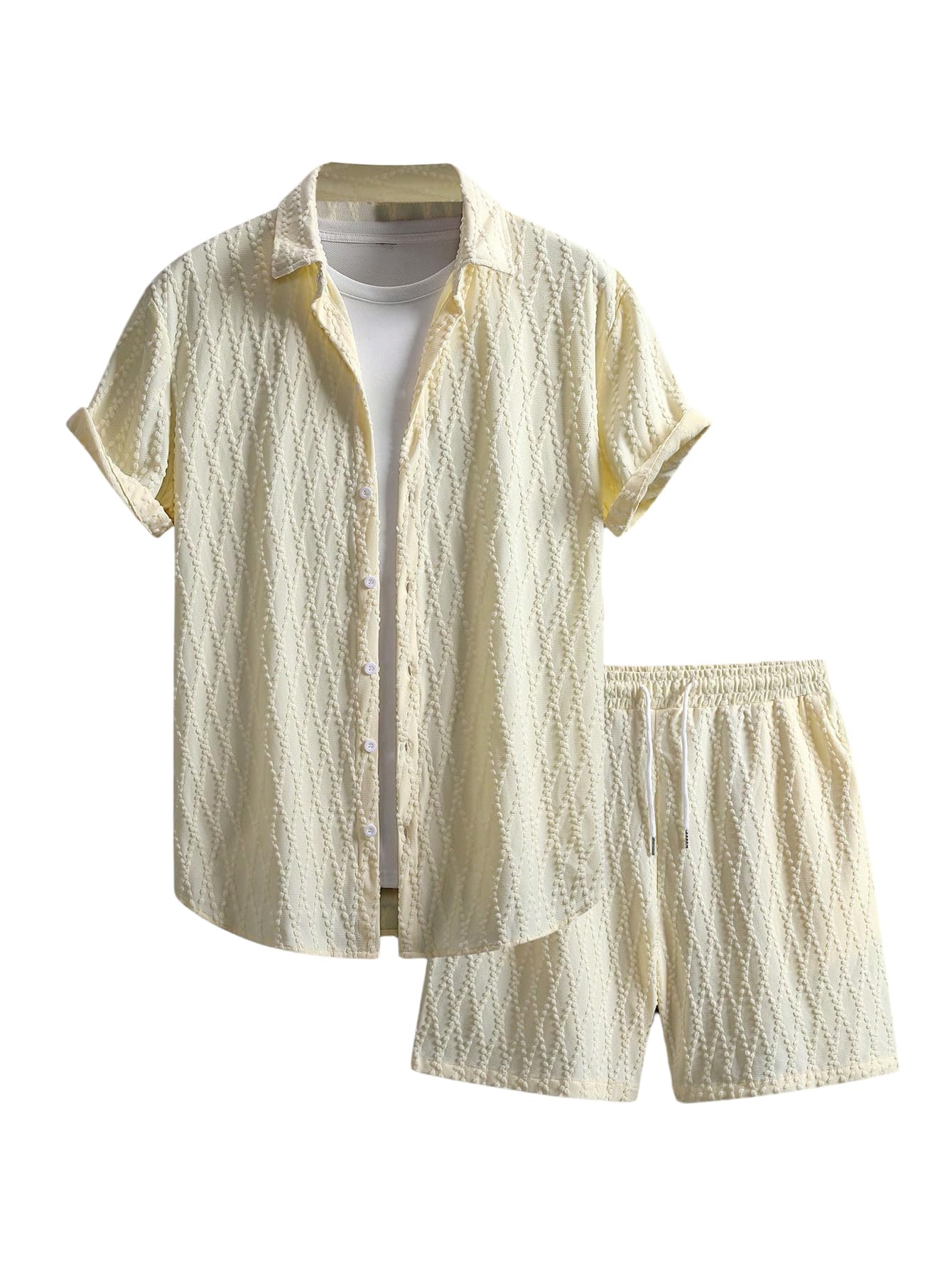 GORGLITTER Men's Vacation Summer Cruise Outfits 2 Piece Linen Shorts Sets | Beach All White Outfits, Short Sleeve Button Up Shirt, Matching Sets Clothing, Old Money Clothes