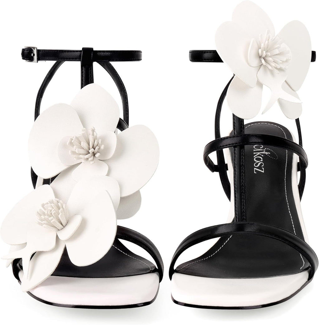 LACIKOSZ Floral Women High Heels Strappy Sandals Comfortable Dressy Shoes | Open Toe Ankle Strap Square Toe Wedding Bride