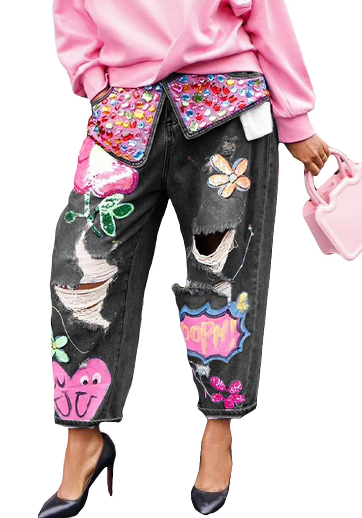 Women's Barrel Jeans Wide Leg High Waist Rhinestone Floral Horseshoe Ripped Baggy Cropped Jeans Denim Pants