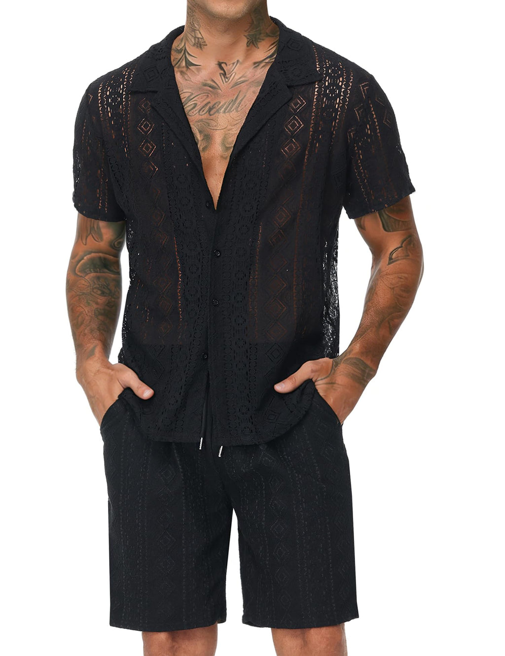 Men 2 Piece Shorts Set Sexy Lace Mesh Sheer Short Sleeve Summer Rave Outfit