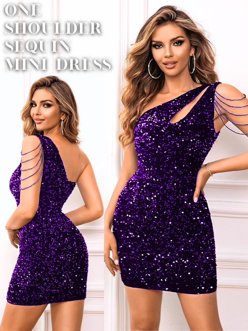 Kaei&Shi Sequin Velvet Prom Dress,Cut Out One Shoulder Short Formal Dresses,Sparkly Outfits Women HOCO Birthday Cocktail