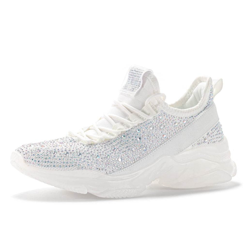 BELOS Women Rhinestone Mesh Slip On Walking Shoes | Fashion Breathable Spakle Glitter Sneaker
