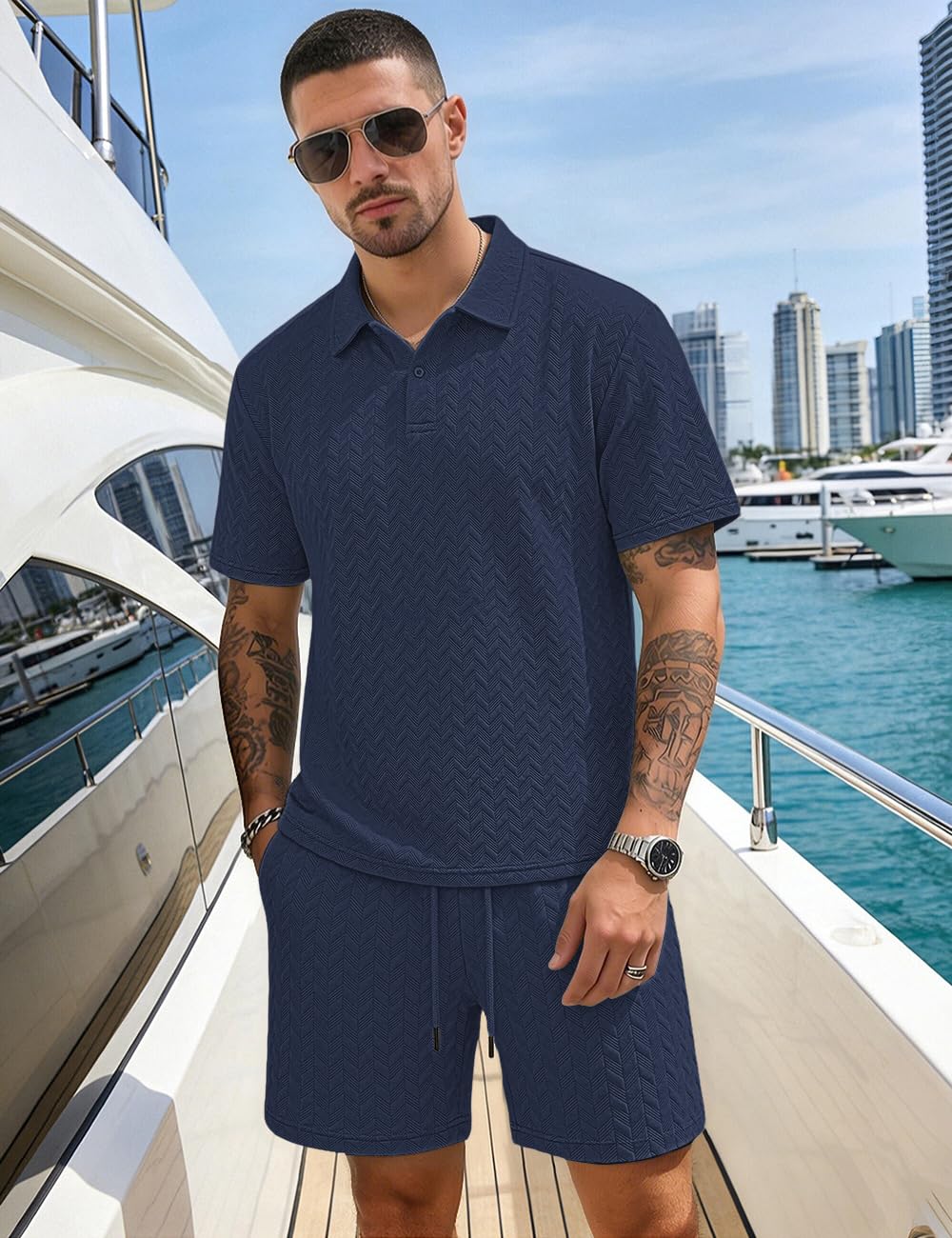 Men's 2 Pieces Outfits Casual Polo Shirt and Shorts Set Collar Athletic Jogging Summer Tracksuit
