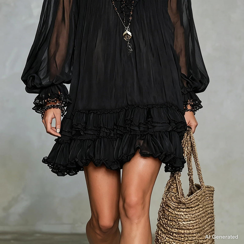 Women's Vintage Boho Chiffon Dress Navy Blue Baroque Print High Neck Irregular Lantern Sleeve Dress Casual Party Vacation