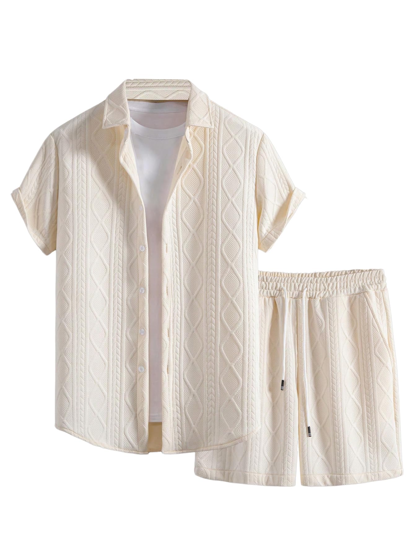 GORGLITTER Men's Vacation Summer Cruise Outfits 2 Piece Linen Shorts Sets | Beach All White Outfits, Short Sleeve Button Up Shirt, Matching Sets Clothing, Old Money Clothes