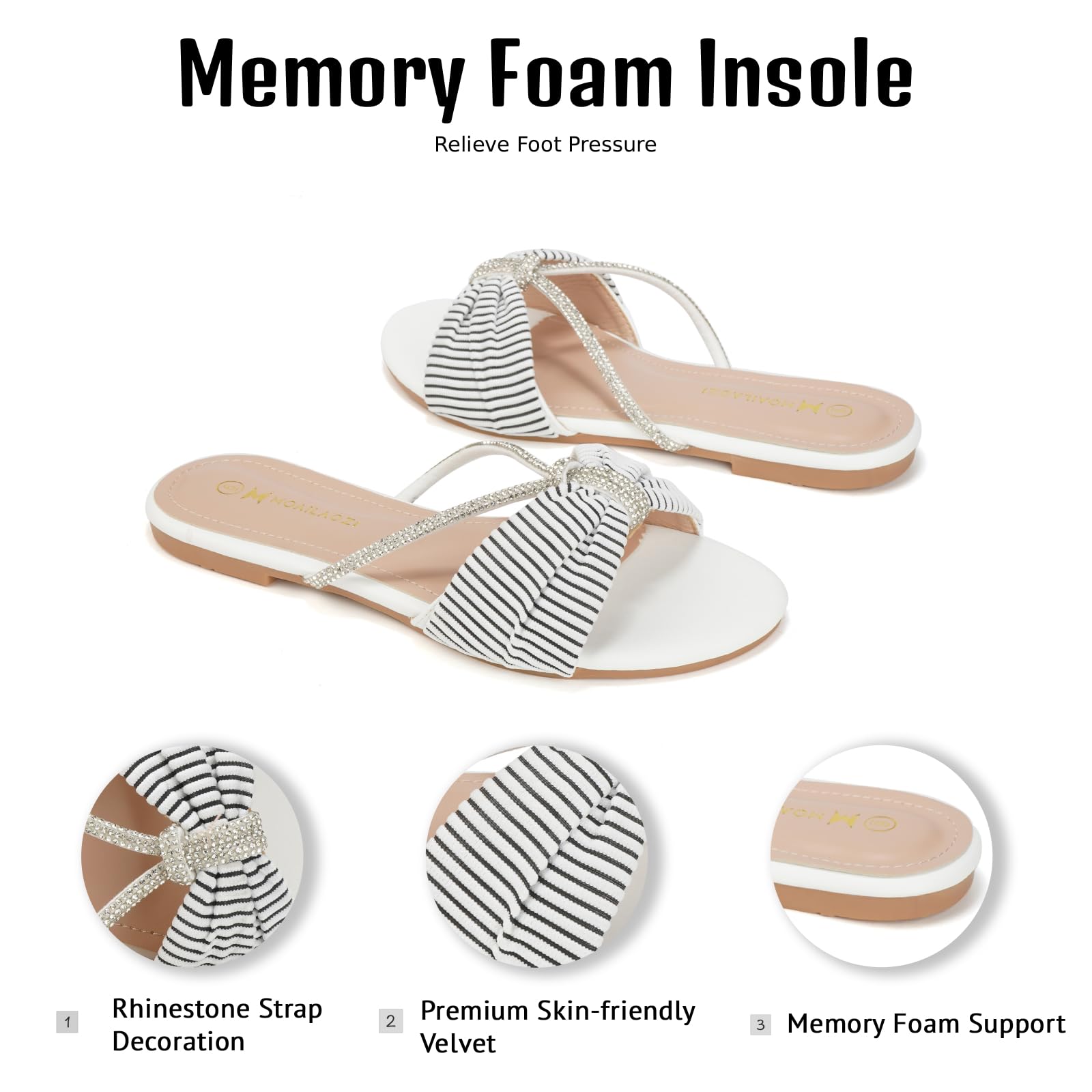 Women's Sandals Rhinestone Strappy Slides With Soft Memory Foam Insole, Dressy Open Toe Beach Slippers Flats for Summer