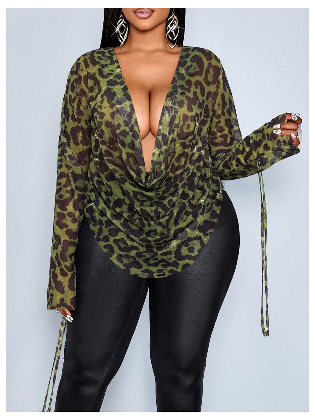 RoseSeek Women's Plus Size Cheetah Long Sleeve Top Club Night Out Tops | Draped Front, V Neck, Y2K, Club Night Out Tops