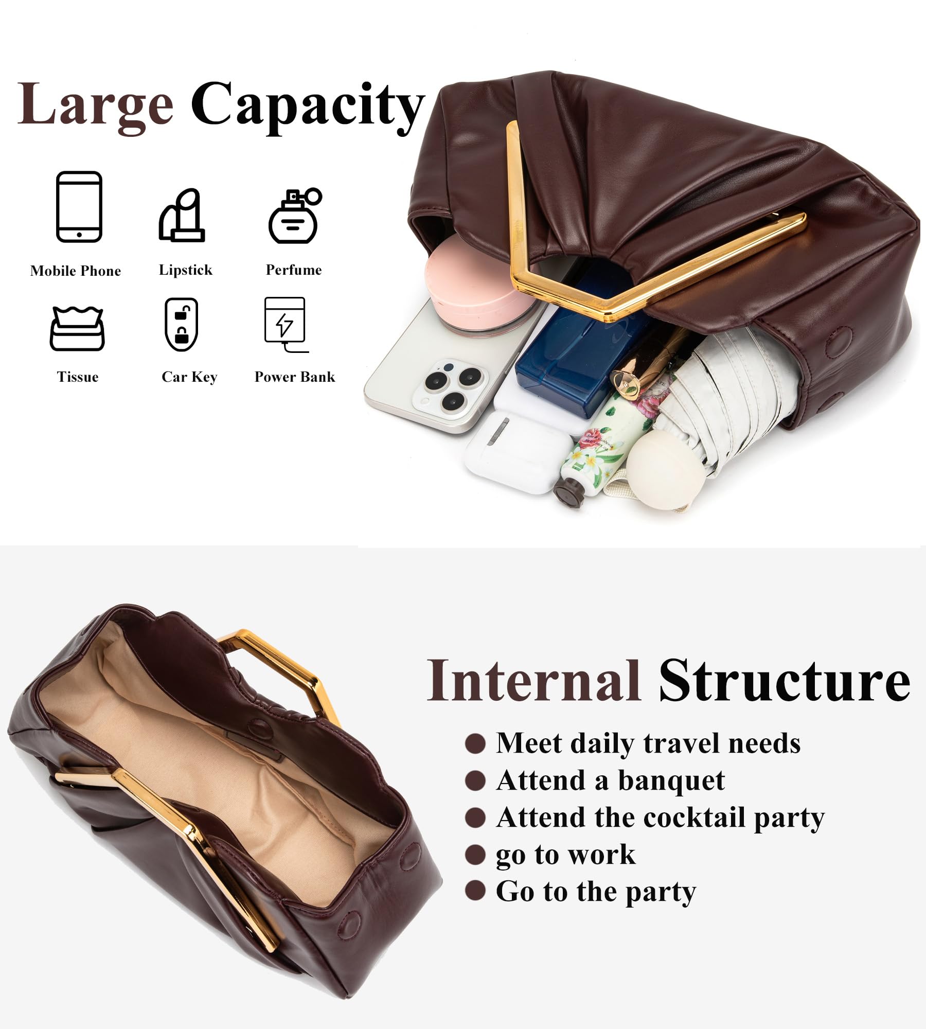 myfriday Elegant Ruched Clutch Purse, Soft Dumpling Evening Bag | for Women