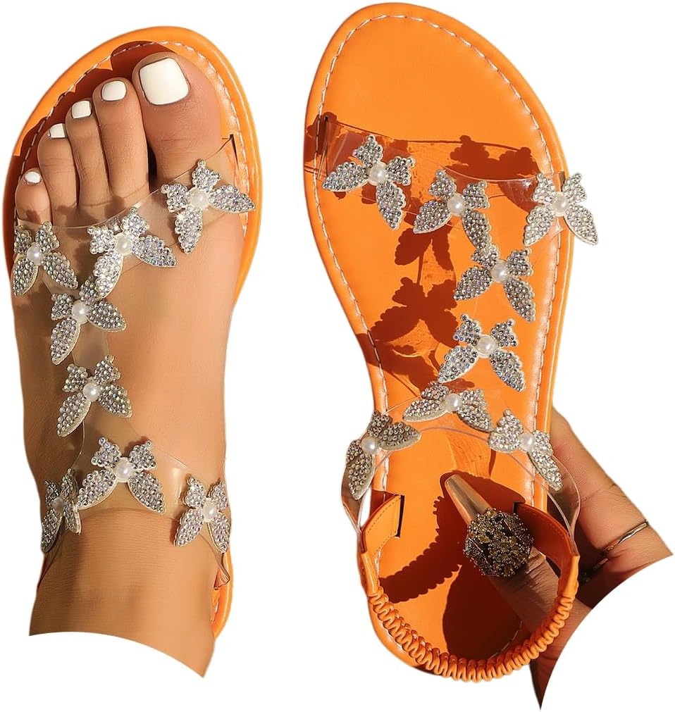 Women's Butterfly Rhinestone Flat Sandals Glitter Sparkly Bling Strappy Open Toe Elegant Transparent Elastic Strap Gladiator Sandals for Dressy Summer Wedding Bridal Prom Travel Daily Wear