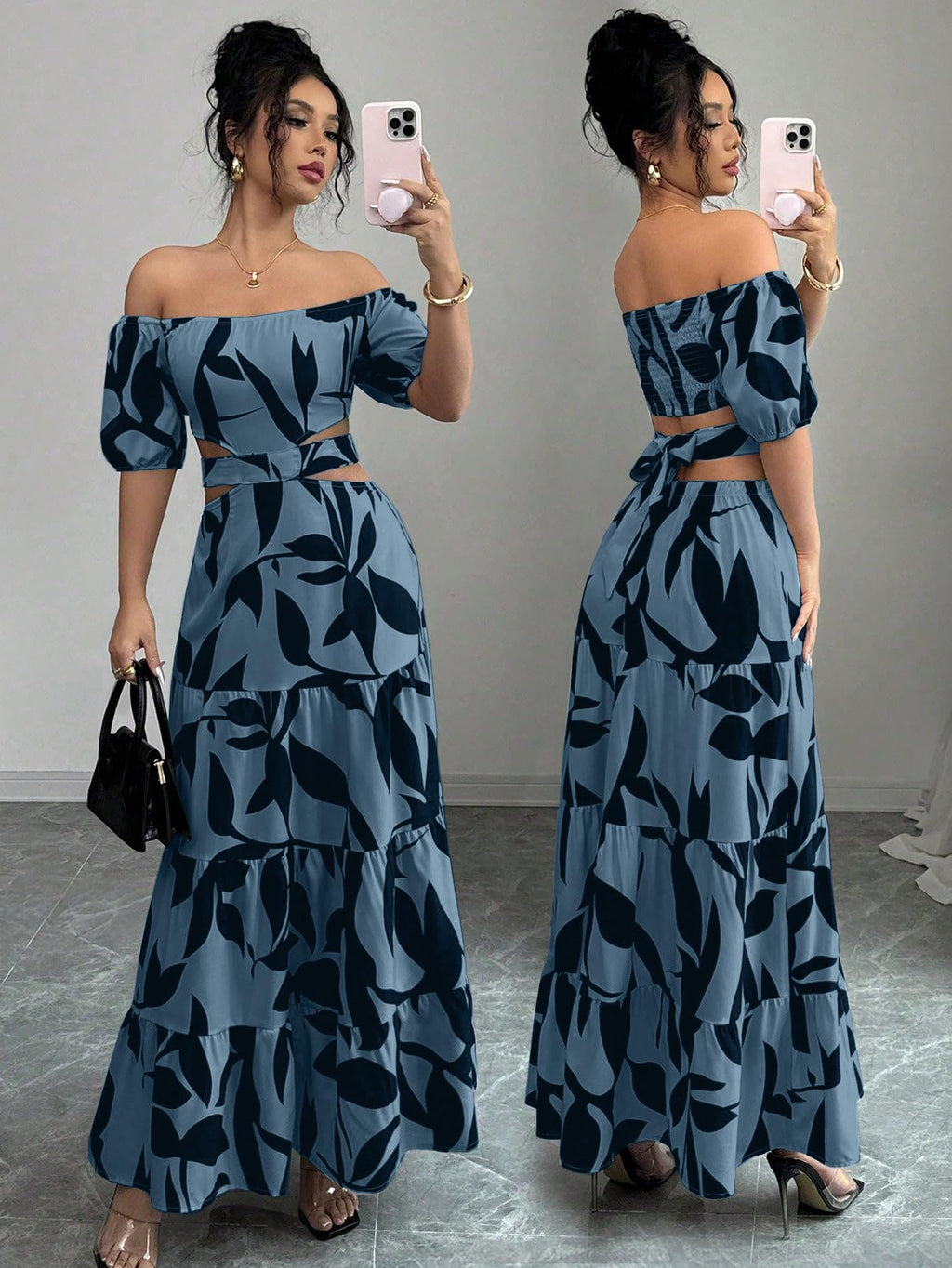 Women's Boho Off The Shoulder Short Sleeve Maxi Dresses Casual Summer Tiered Ruffle Swing Cut Out Flowy Dress