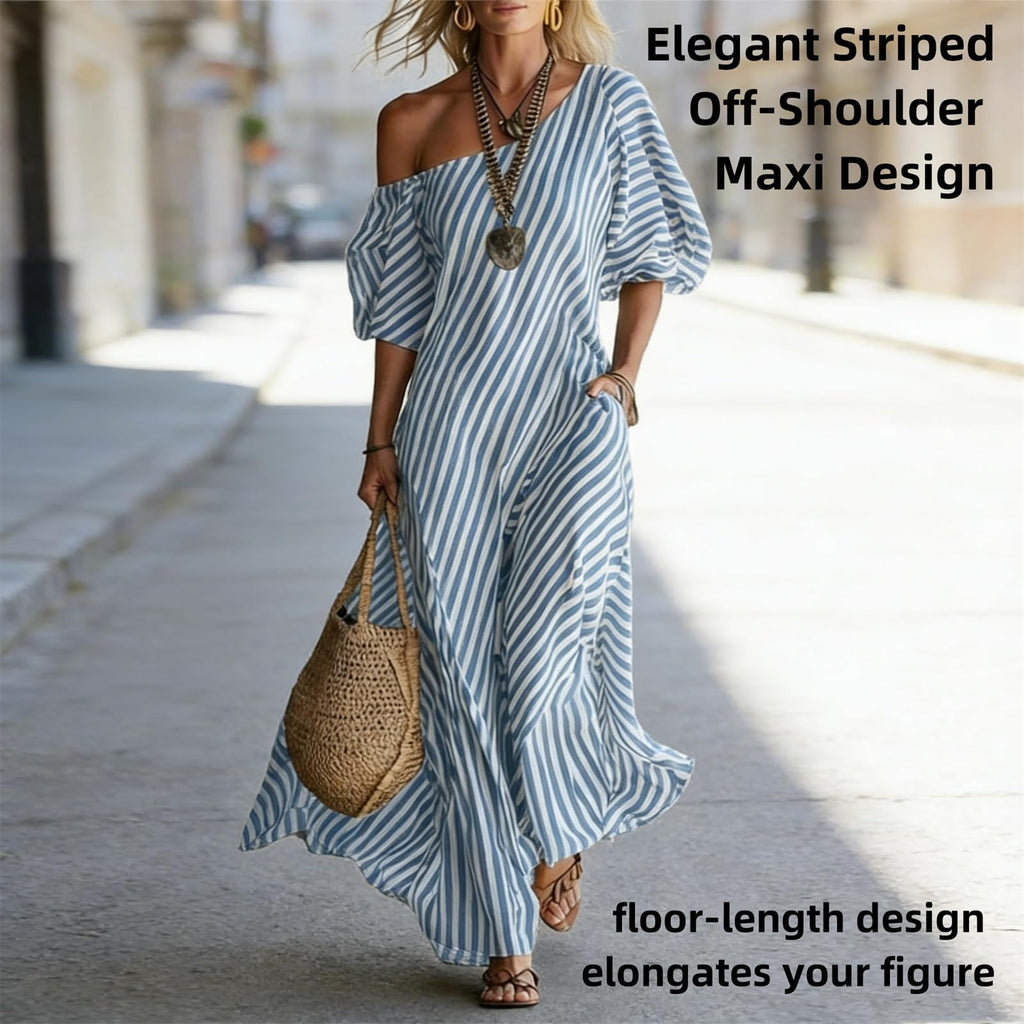 Women's Elegant and Classic Striped Off-Shoulder Maxi Dress,Summer Flutter Short Sleeve One Shoulder Loose Flowy Long Dress