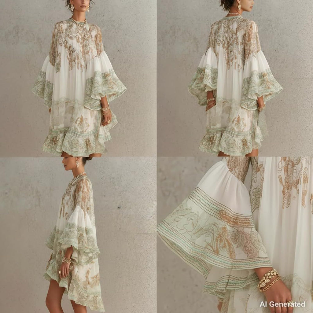 Women's Vintage Boho Chiffon Dress Navy Blue Baroque Print High Neck Irregular Lantern Sleeve Dress Casual Party Vacation