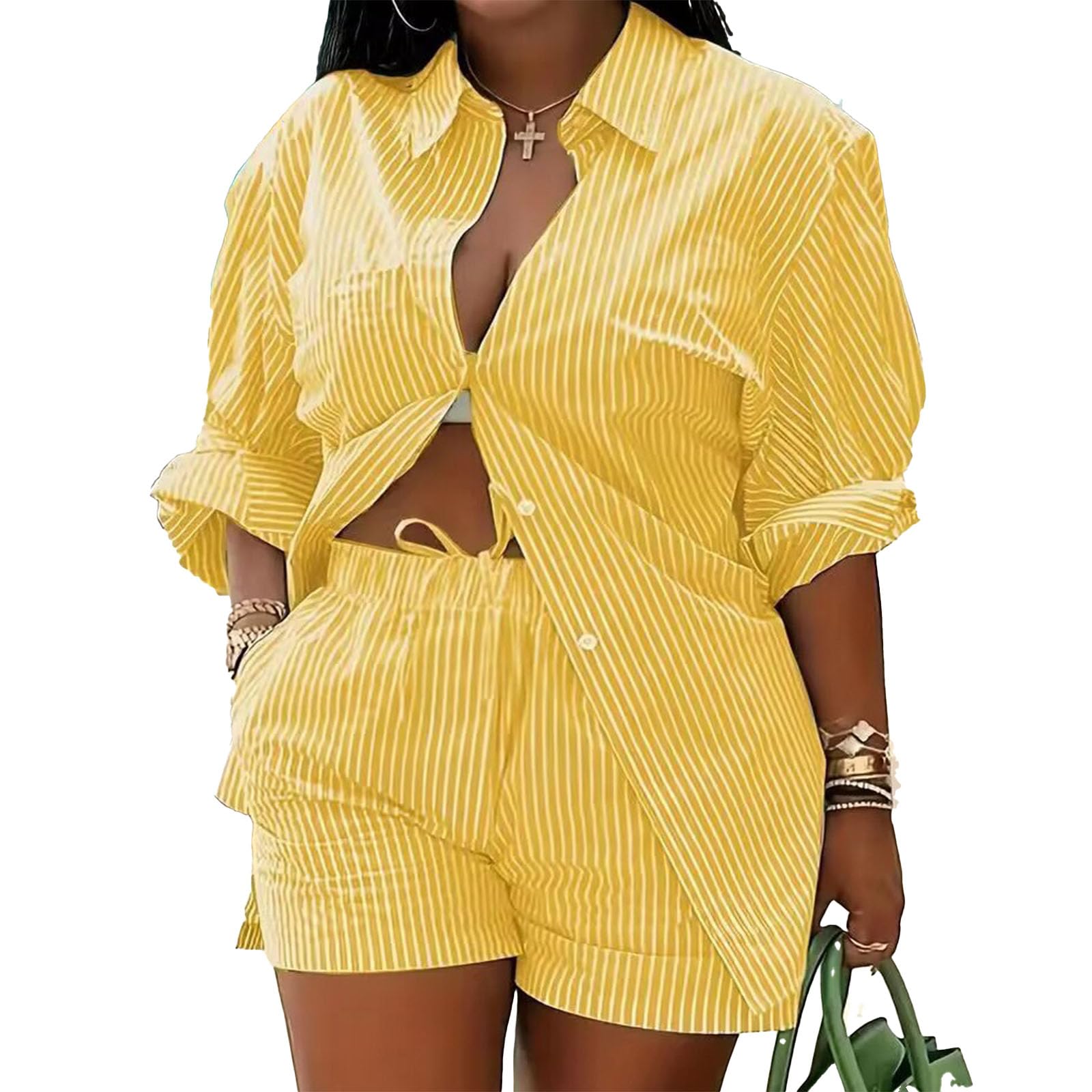 Mandonce 2 Piece Outfits for Women Long Sleeve Printed Shirt and Elastic Lace-Up Shorts with Pockets Beach Vacation Clothes