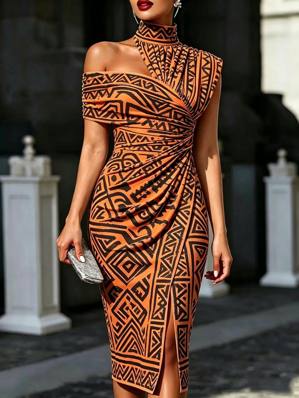 Women's One Shoulder Bodycon Midi Dress Geometric Pattern Print High Neck Slit Ruched Reunion and Vacation Casual Wear Dress