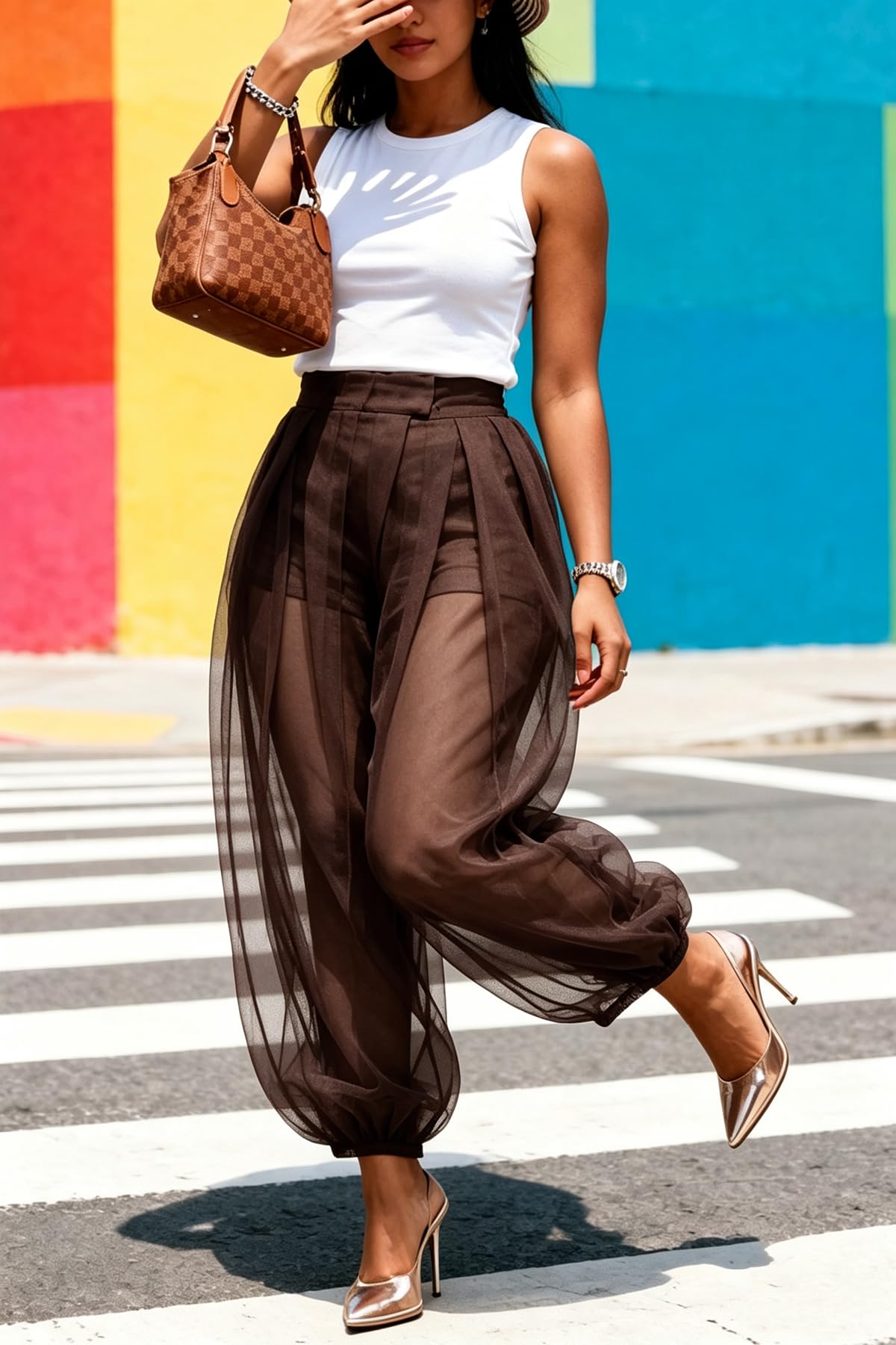 Molisry Women Sheer Mesh Pants Bubble Tulle Patchwork Pants Balloon Trouser | Loose Fit Cover Up Trousers,Built In Shorts Lining