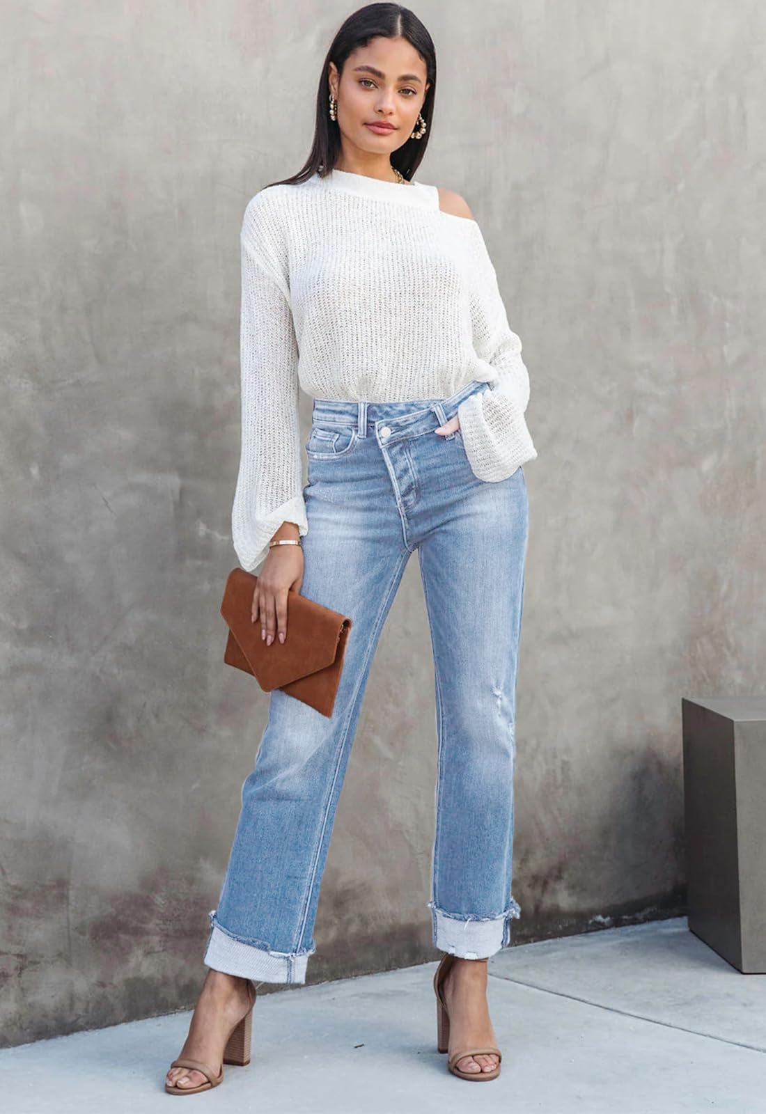 Metietila Jeans for Women Trendy High Waisted Corssover Boyfriend Jeans Distressed Stretchy Denim Pants