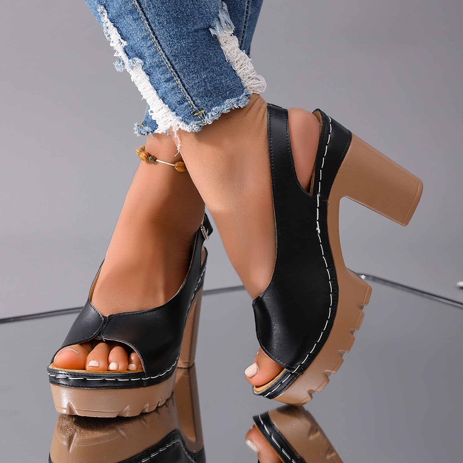 Women's Peep Toe Sandals Chunky Platform Heeled Pumps Slingback Heels Summer Dress Shoes Bridal Party Wedding Block High Heels Buckle Ankle Strap Sandals Dressy Comfortable Footwear